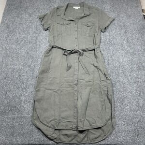Lucky Brand Army Green Shirt Dress Utility XL Linen Lyocell Safari Belted Pocket